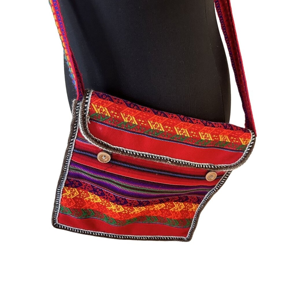 Handmade Multicolor Bohemian Red Shoulder Bag Button Crossbody Guatemalan